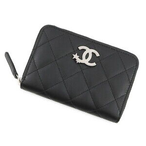 CHANEL Black Lambskin Leather Logo Wallet